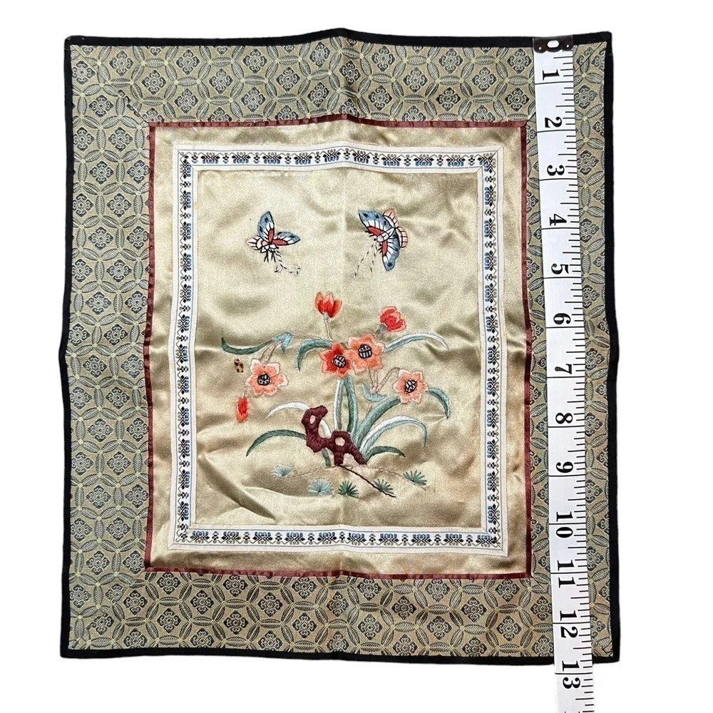 Asian Silk Embroidered Floral Wall Hanging Butterfly Handmade Poppy Coral 11X13”